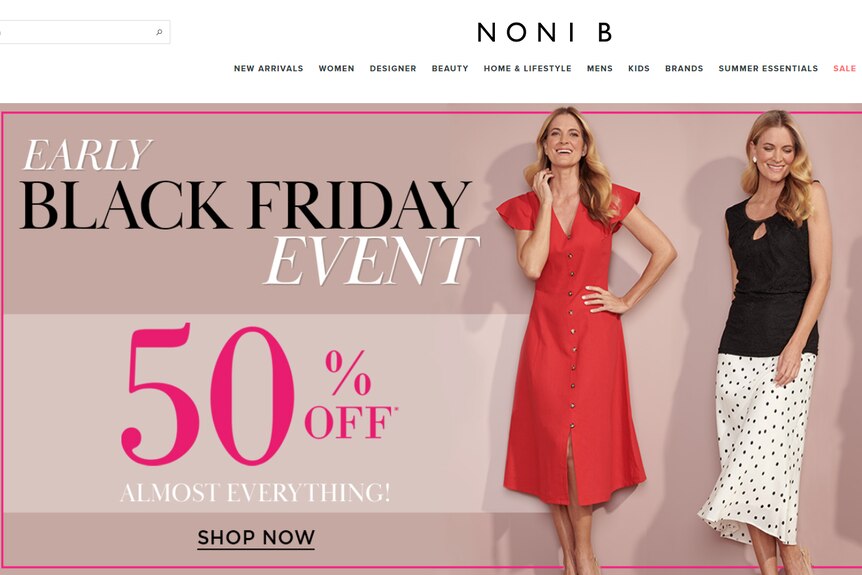 A screenshot of a Noni B ad shows a Black Friday promotion of 50 per cent off.