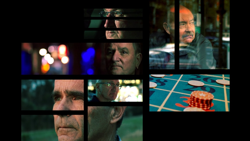 The faces of five men, and chips on a casino table, in separate rectangles spaced apart.