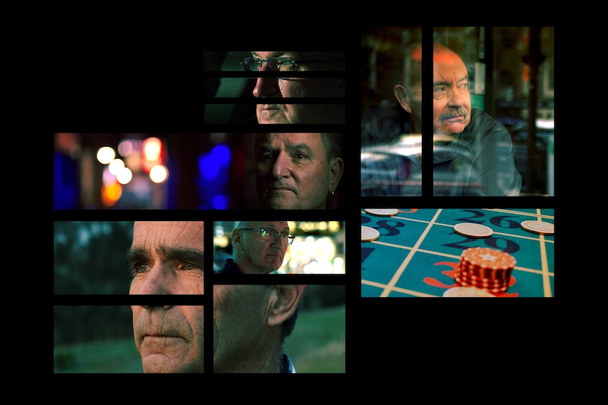 The faces of five men, and chips on a casino table, in separate rectangles spaced apart.