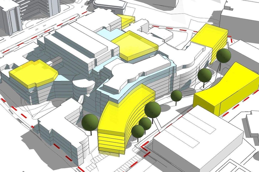 A graphic showing new areas to be added to the exterior of a Sydney hospital.