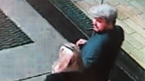 A woman with blonde hair and an man walk on a sidewalk in a CCTV image