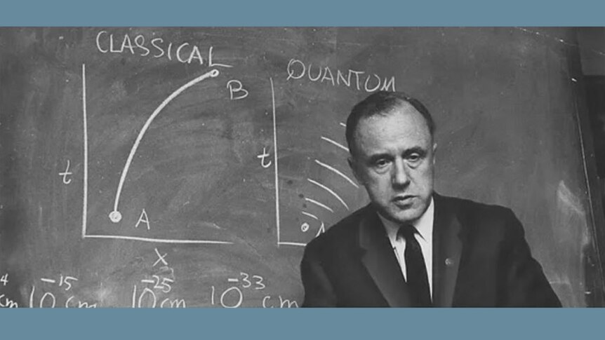 John Wheeler in front of a blackboard with equations at Princeton University in 1967