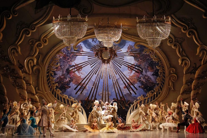 Artists perform beneath crystal chandeliers in David McAllister's The Sleeping Beauty at the Sydney Opera House.