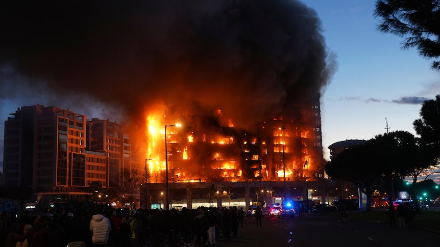 A housing block burns in Valencia, Spain.