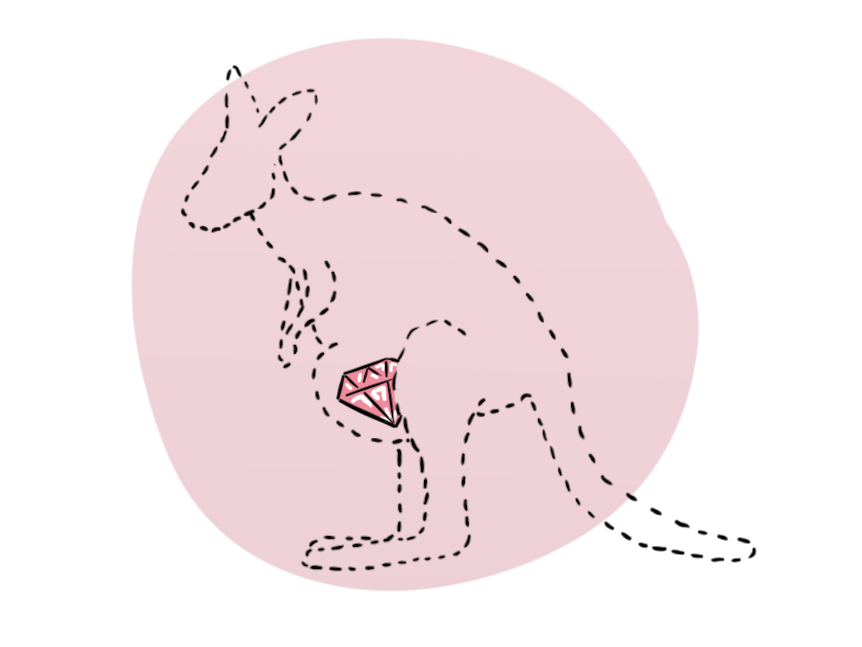 An illustration of a kangaroo outline with a pink diamond in its pouch.