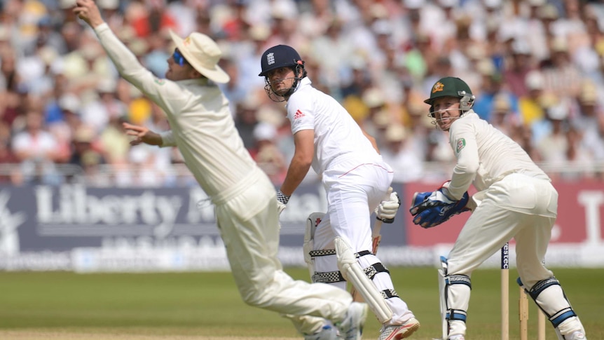 Michael Clarke leaps to catch Alastair Cook on day three at the Ashes
