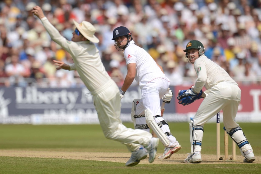 Michael Clarke leaps to catch Alastair Cook on day three at the Ashes