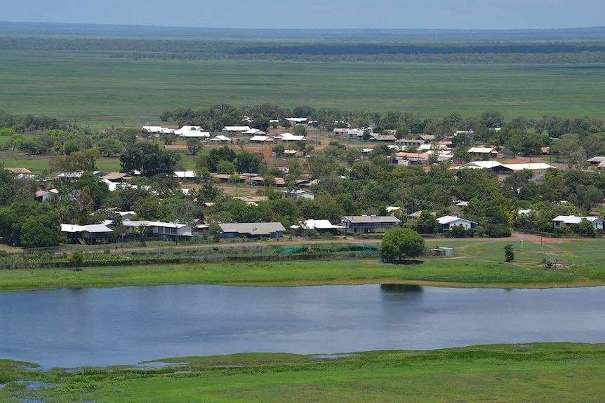 The town of Gunbalanya as seen from the air, with a full billabong.