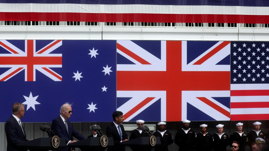 Anthony Albanese, Joe Biden and Rishi Sunak speak at lecturns underneath each of their country's flags