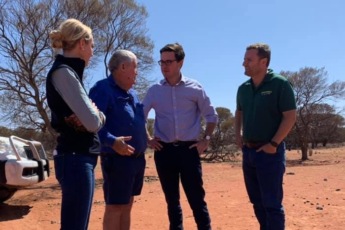 Drought minister David Littleproud, Nationals WA leader Mia Davies and member Vince Catania meet pastoralist Bill Nichols.