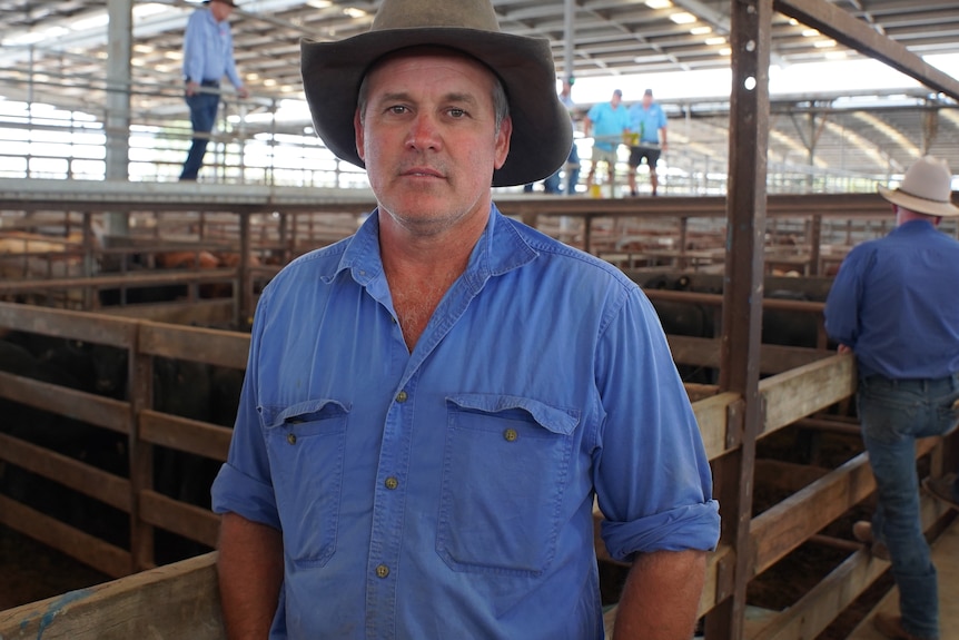 A farmer wearing a blue shirt and a wide-brimmed hat