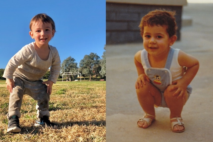 Two pictures of toddlers side by side.  One new and one old. 