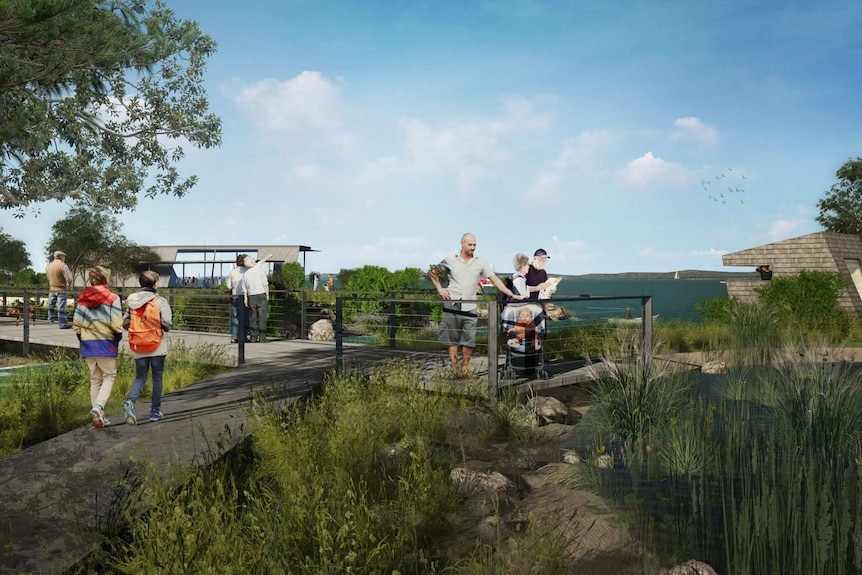 People stand on a board walk looking at and pointing to plants