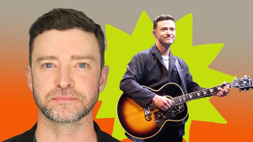 Composite image of Justin Timberlake's glass-eyed mugshot and him performing on-stage with guitar. 