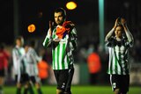 Blyth Spartans captain Robbie Dale (L) applauds the crowd after a FA Cup loss to Birmingham.