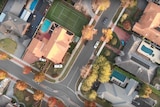An aerial view of suburban homes