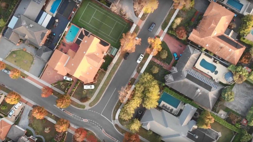 An aerial view of suburban homes