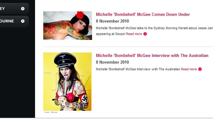 Screen grab of Sexpo site featuring Michelle McGee in Nazi outfit