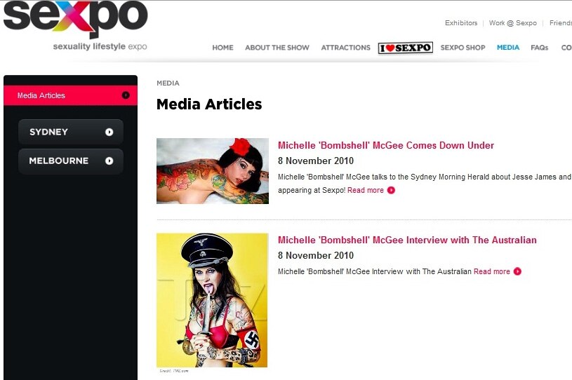 Screen grab of Sexpo site featuring Michelle McGee in Nazi outfit