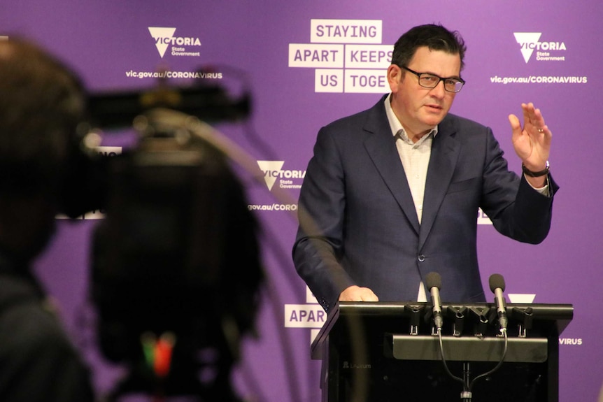 Victorian Premier Daniel Andrews gestures during his daily press conference on August 18, 2020.