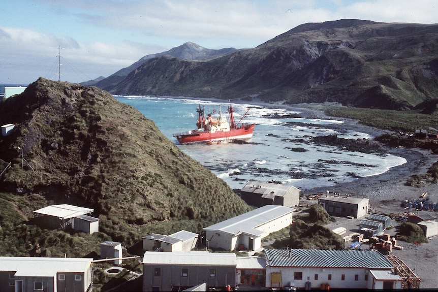 A ship aground near an island