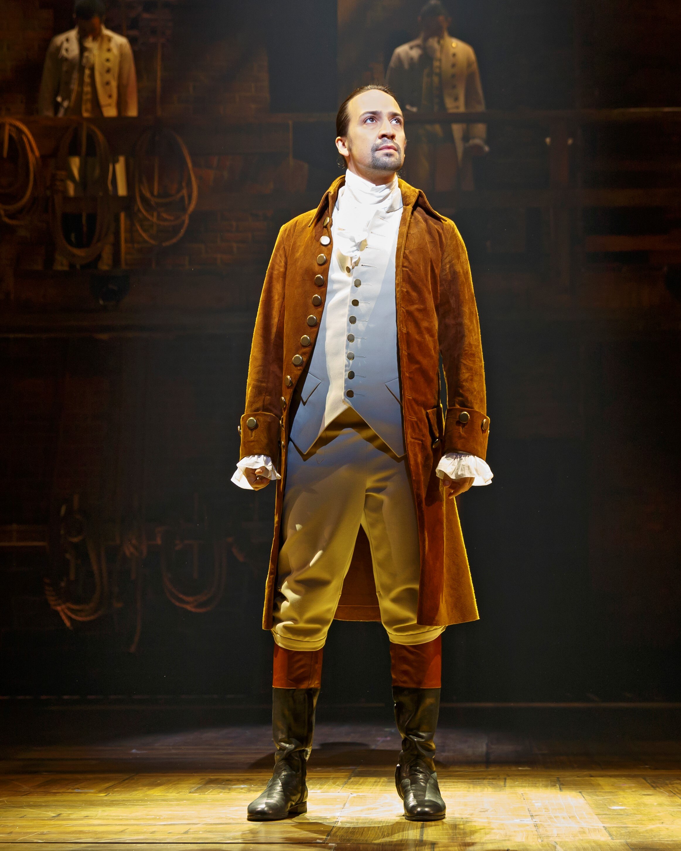 Lin-Manuel Miranda on stage in costume as Alexander Hamilton