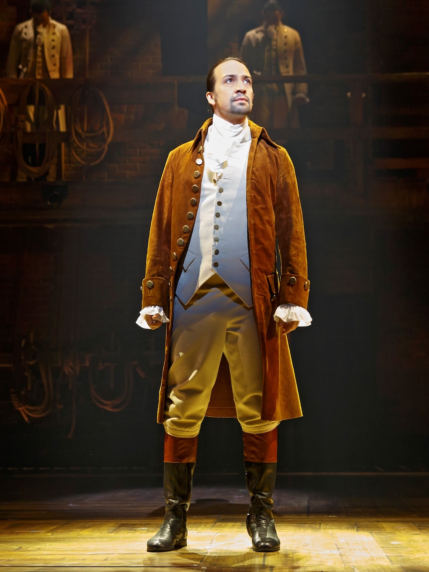 Lin-Manuel Miranda on stage in costume as Alexander Hamilton