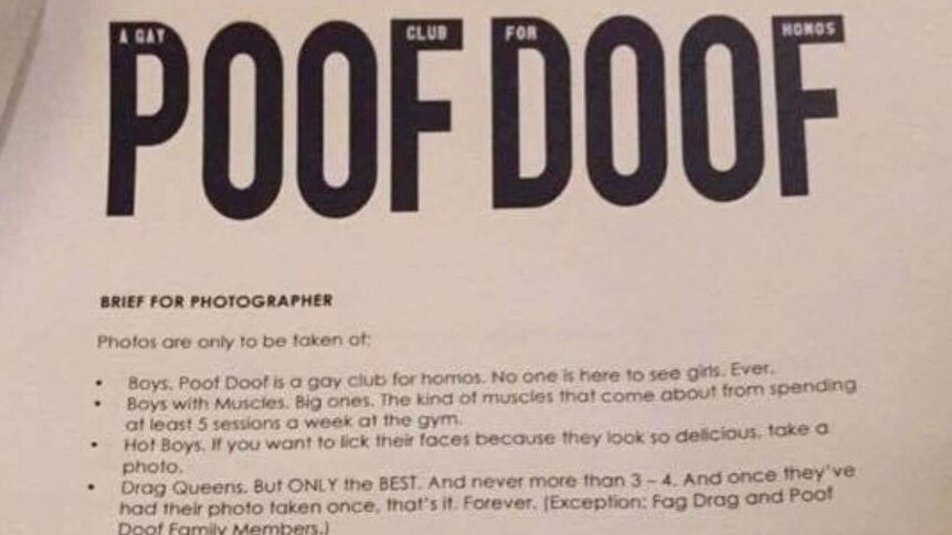 A photo of a photographers' brief given to those taking photos at gay dance party, Poof Doof.
