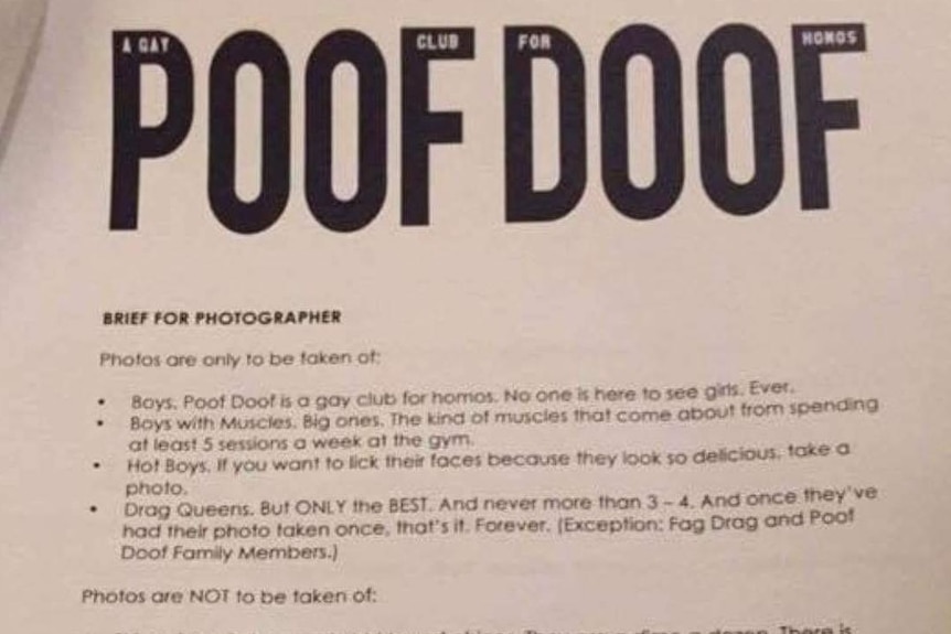 A photo of a photographers' brief given to those taking photos at gay dance party, Poof Doof.