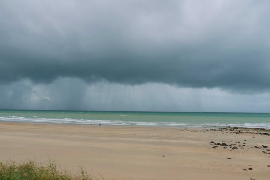 Dark clouds over a beach.