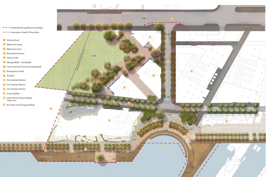 Plans for a new park at Barangaroo which includes a waterfront cove, an amphitheatre and a boardwalk.