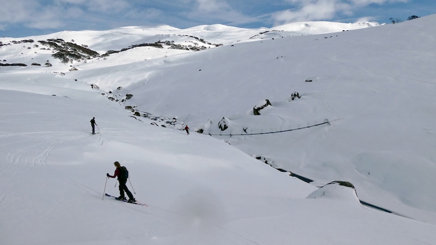 Skiers make their way across a snowy mountain.