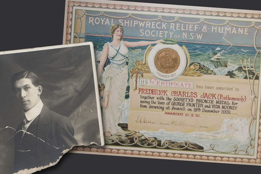 Composite image featuring photograph of man alongside a bravery award certificate
