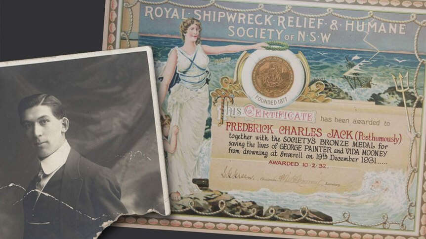 Composite image featuring photograph of man alongside a bravery award certificate