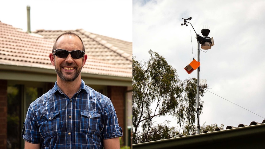 Composite image David Brodrick and a weather station he set up at a home in Canberra.