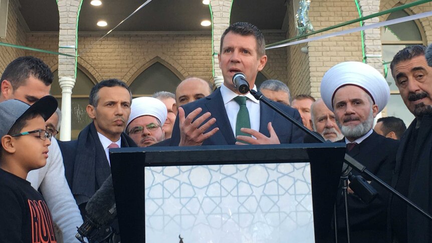 NSW Premier Mike Baird addressing the crowd at Lakemba Mosque.