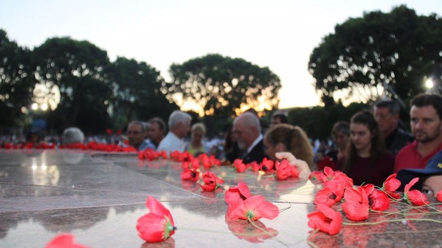 Poppies are laid on Darwin's War Memorial during the dawn service.