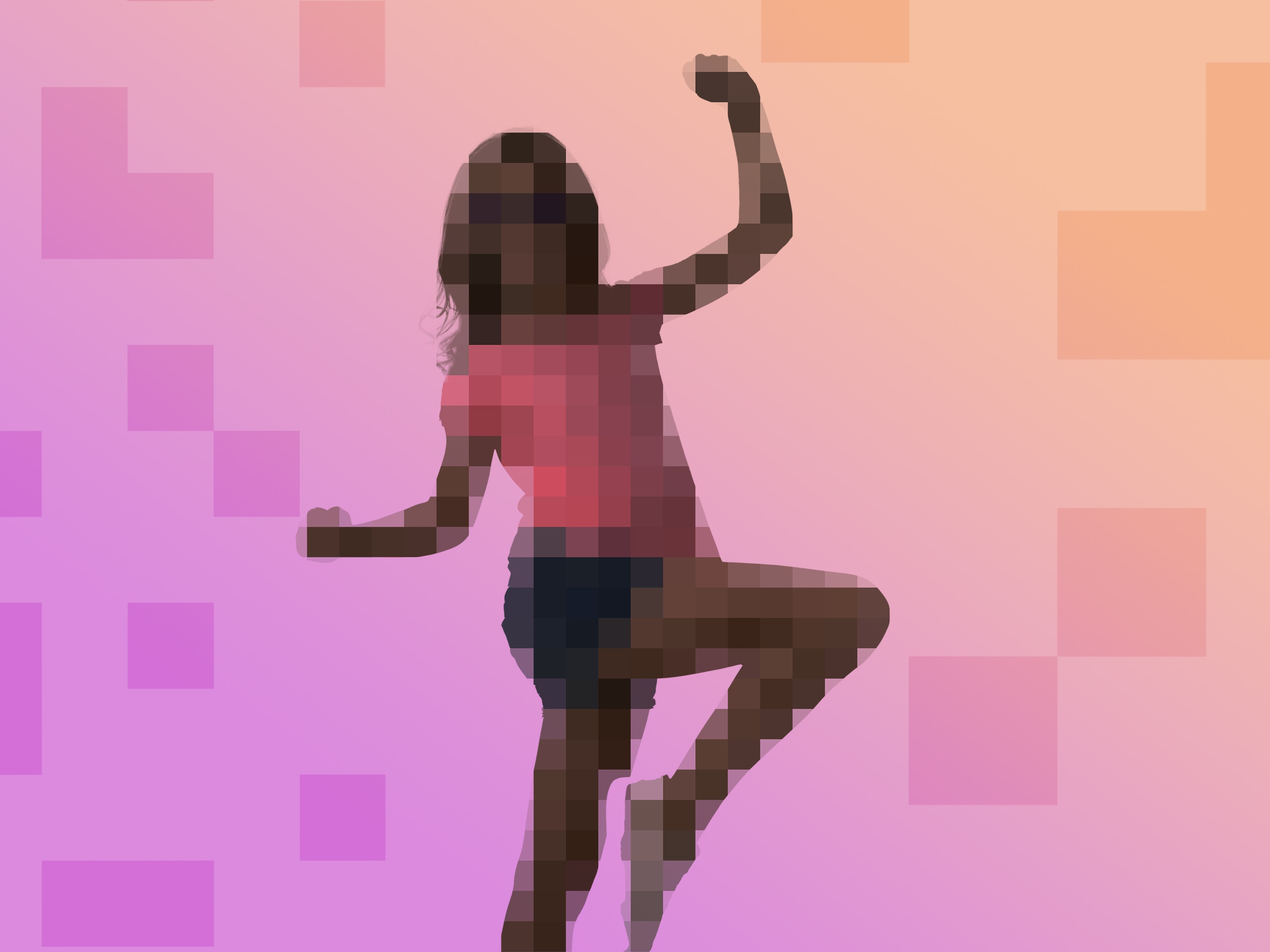 La imagen muestra la silueta pixelada de una persona en posición de baile o una postura enérgica, con un brazo levantado y una pierna doblada. El fondo tiene un degradado de colores cálidos, que van del rosa al naranja, y tiene formas cuadradas dispersas, también en diferentes tonos de rosa y naranja. Debido al pixelado, no se pueden distinguir detalles específicos de la persona, pero su postura sugiere que está en movimiento o celebrando algo.