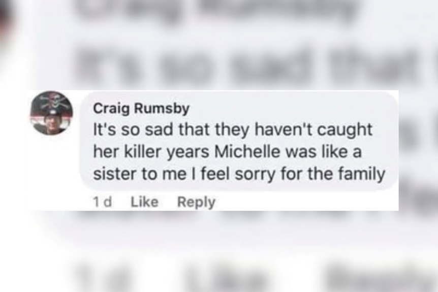 text saying 'its so sad they haven't caught her killer years Michelle was like a sister to me I feel sorry for the family'