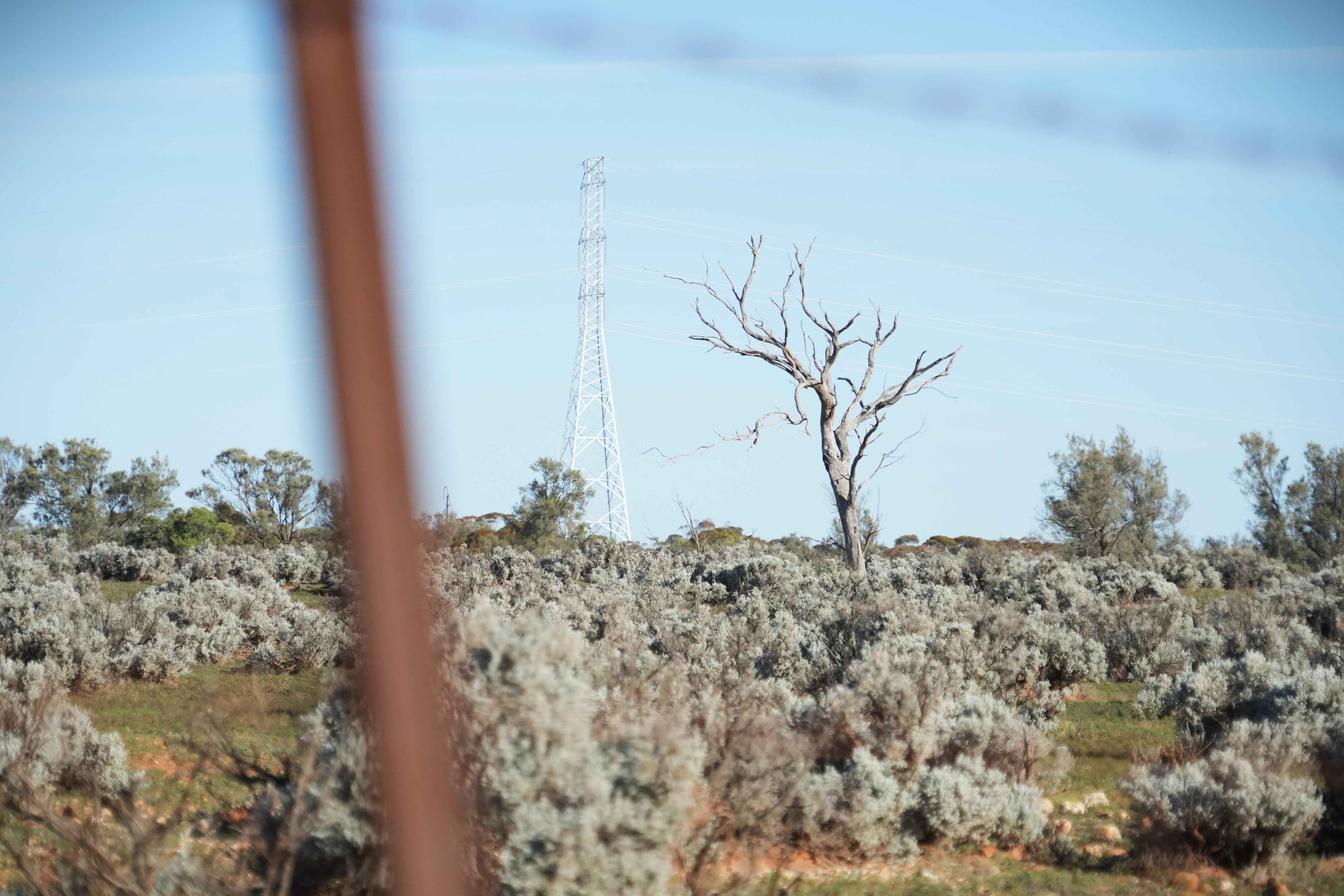 Powerlines pictured through a barb-wire fence
