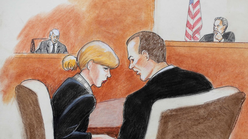 A sketch shows Taylor swift bowing her head to confer with her lawyer. A court scene plays out in the background.