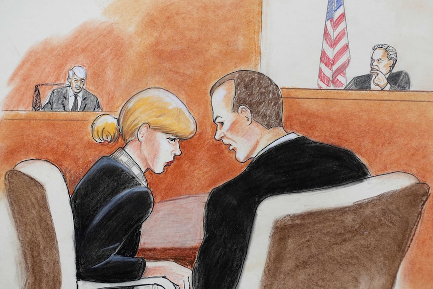 A sketch shows Taylor swift bowing her head to confer with her lawyer. A court scene plays out in the background.
