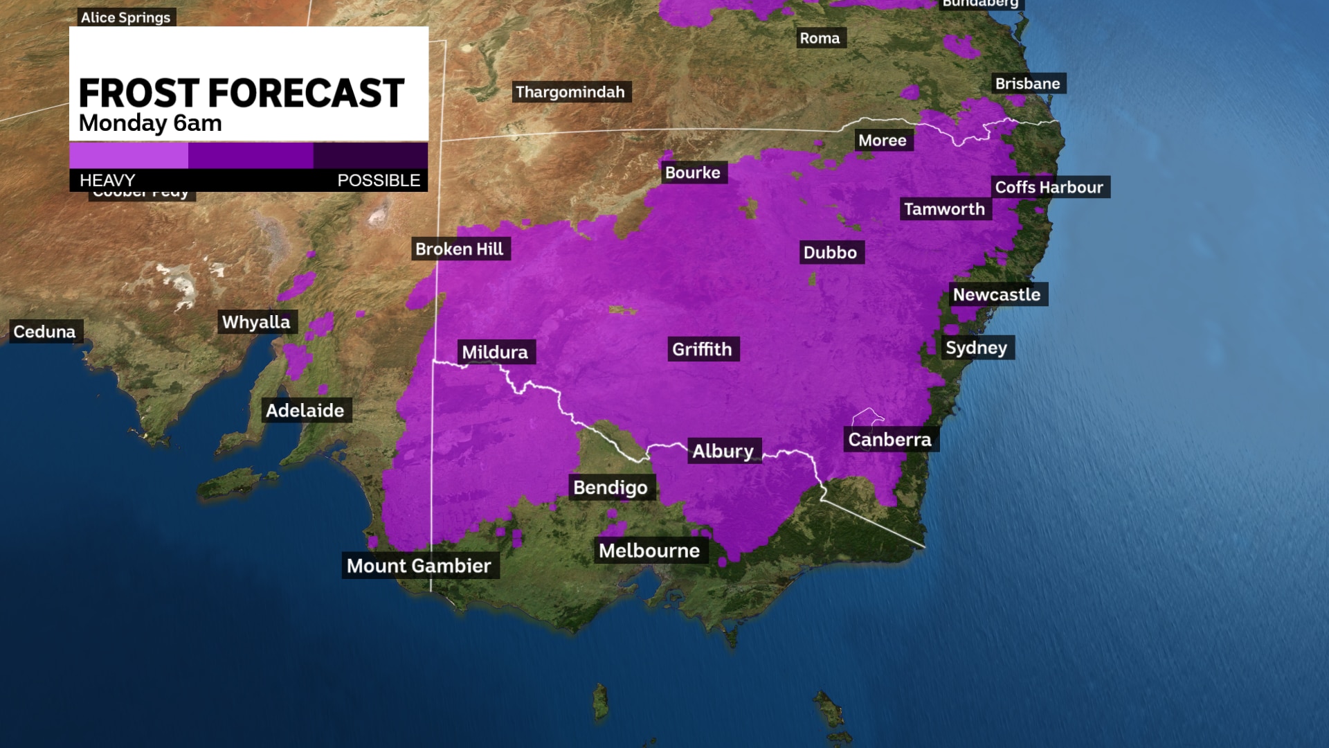 Frost forecast on map of Australia for Monday 6am