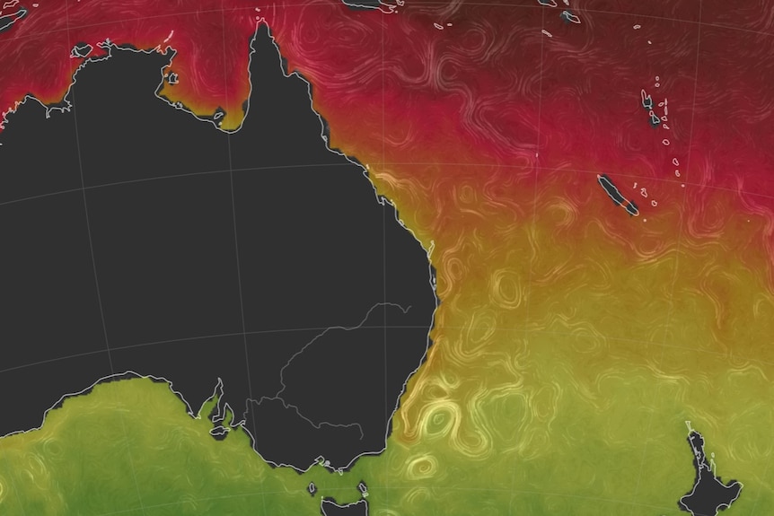 A map shows a colour-coded representation of sea temperatures