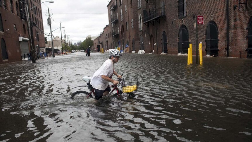 Cyclist rides through flooded Brooklyn