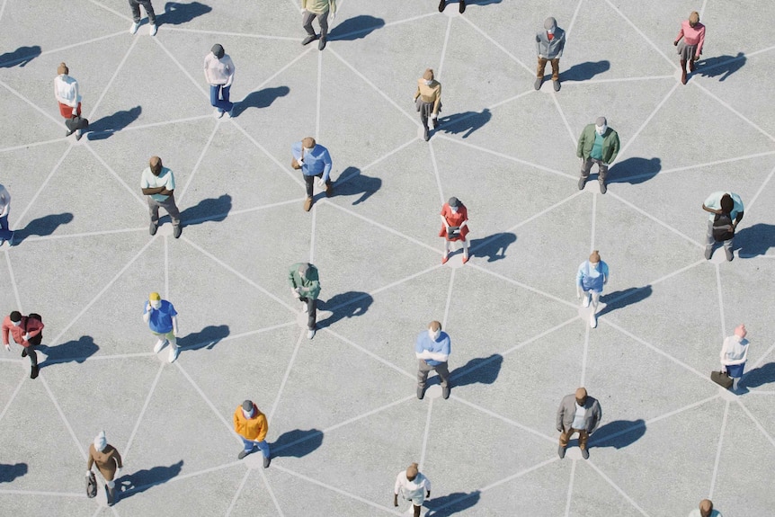 A 3D vector image of people standing apart but connected by lines, representing social distancing.