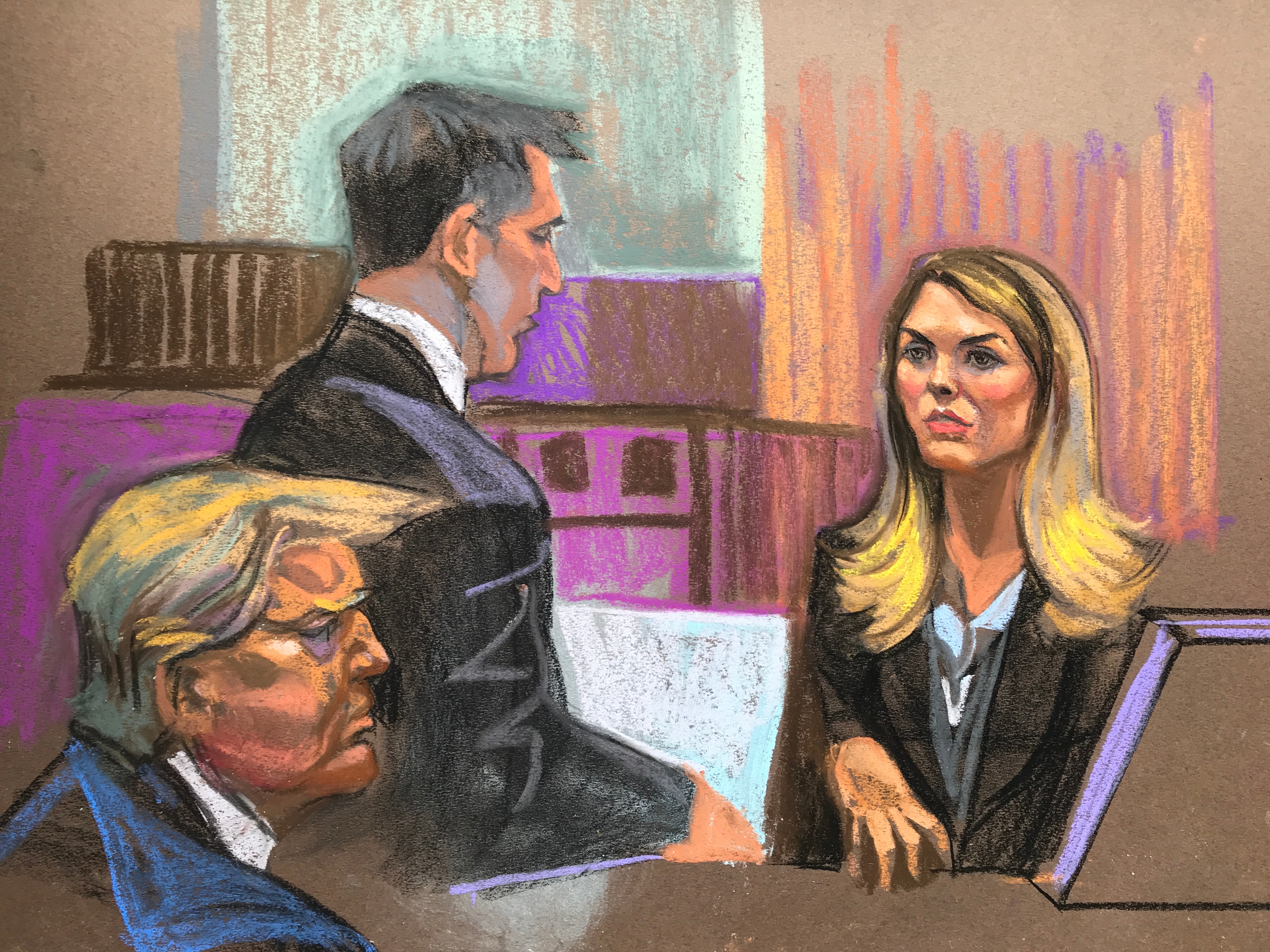 Illustration of Donald Trump in a courtroom. There is a lawyer next to him and a blonde woman at the witness stand.