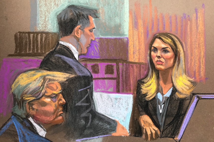Illustration of Donald Trump in a courtroom. There is a lawyer next to him and a blonde woman at the witness stand.