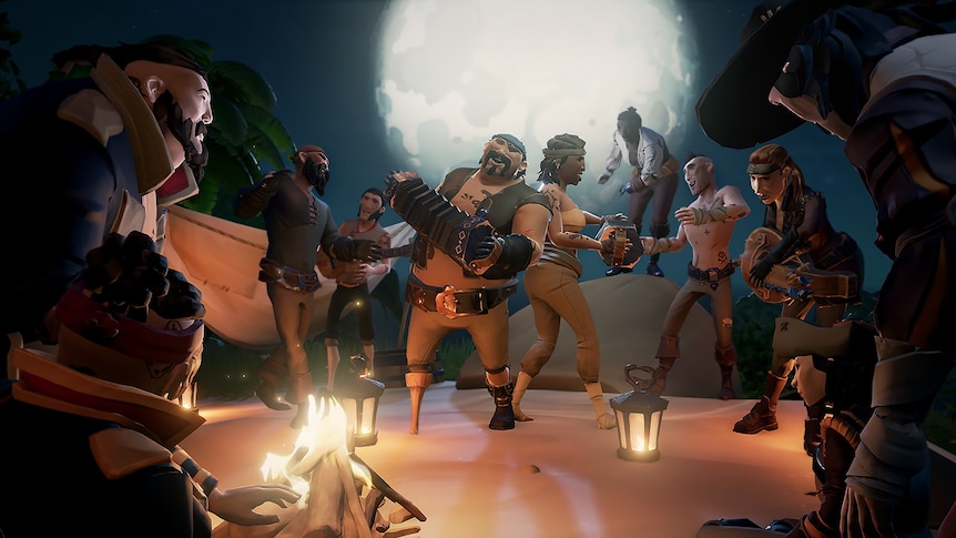 Screenshot from Sea of Thieves, with a group of pirates playing instruments and dancing around a fire by moonlight.