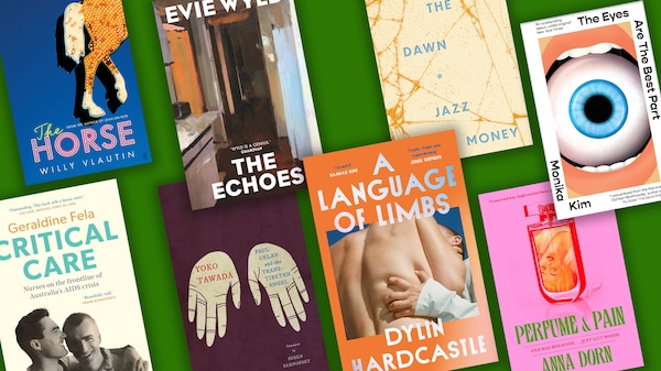 A composite image of eight book covers on a green background